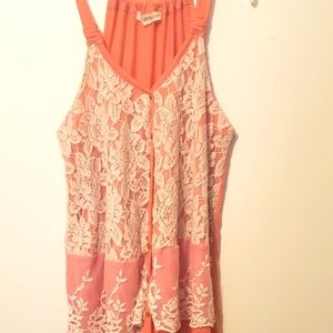 Pink & Cream Button-Front Lace Overlay Tank